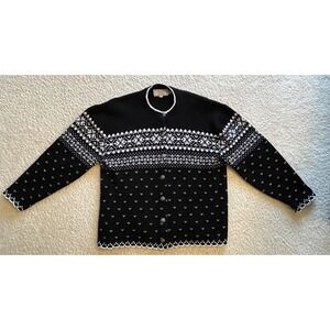 Vintage Jersild Black & White Fair Isle Cardigan Nordic Sweater Women XXL USA